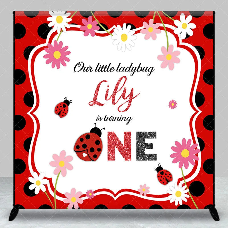 Aperturee - Aperturee Personalized Little Ladybug First Birthday Backdrop Red and Black Polka Dot Theme Custom Name Party Decor for Girl