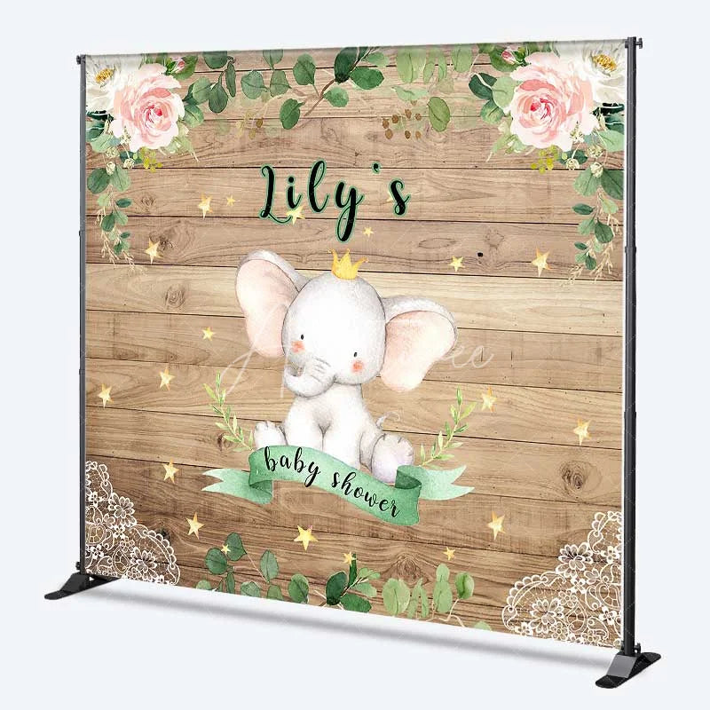 Aperturee - Aperturee Personalized Little Peanut Elephant Wood Backdrop Royal Floral Baby Shower Party Decoration