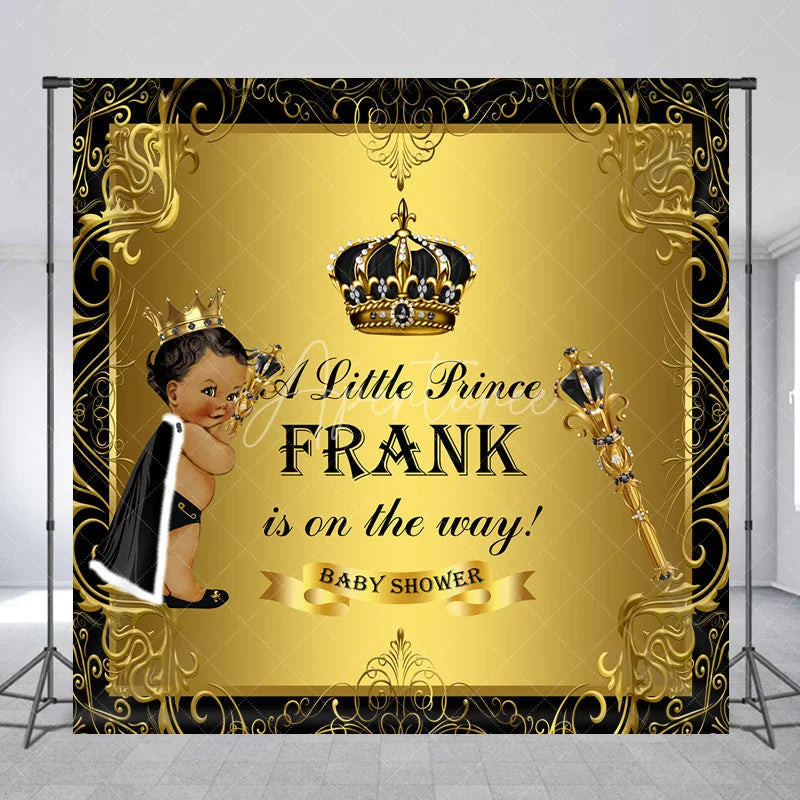 Aperturee - Aperturee Personalized Little Prince Baby Shower Backdrop Royal Black and Gold Crown African American Boy Decor