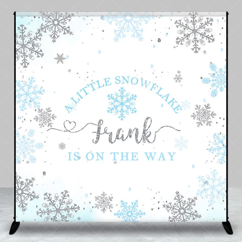 Aperturee - Aperturee Personalized Little Snowflake Baby Shower Backdrop Blue and Silver Glitter Winter Wonderland Decor for Boy