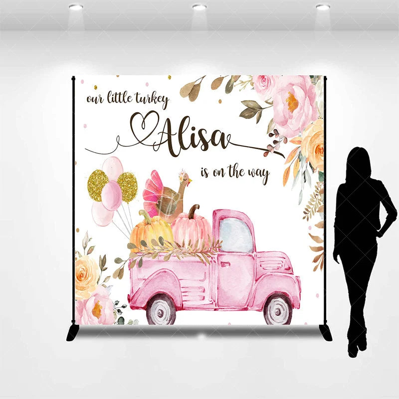 Aperturee - Aperturee Personalized Little Turkey Baby Shower Backdrop Pink Truck Pumpkin Fall Floral Girl Party Decor