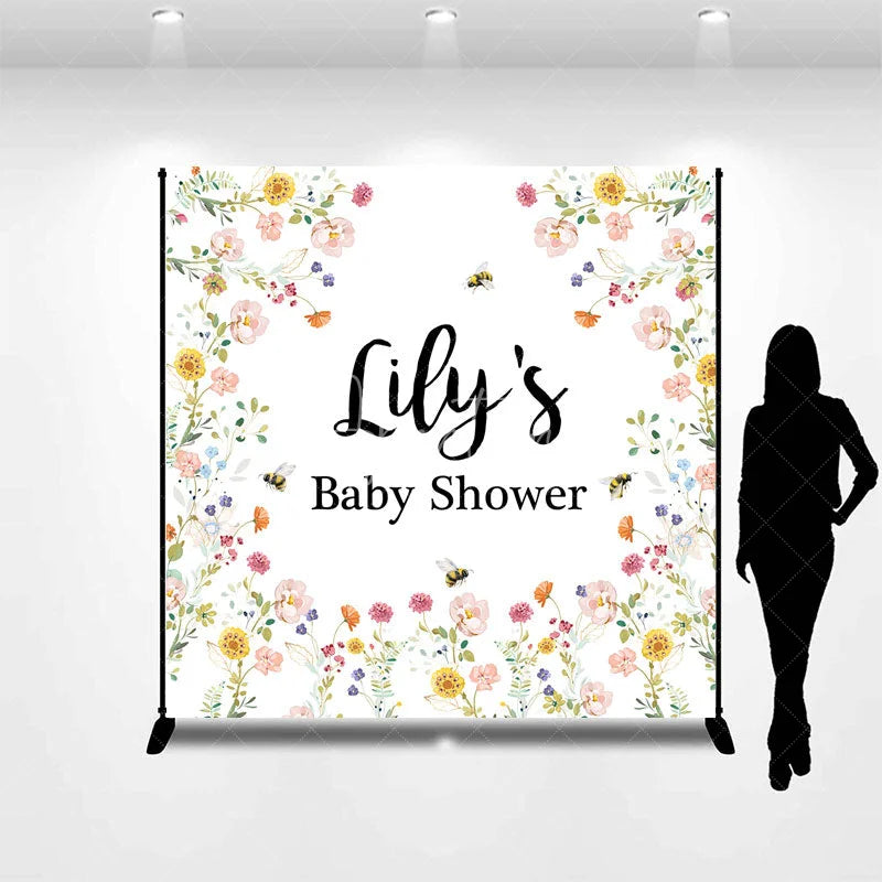 Aperturee - Aperturee Personalized Mommy to Bee Baby Shower Backdrop Wildflower and Honey Bee Custom Name Garden Party Decor