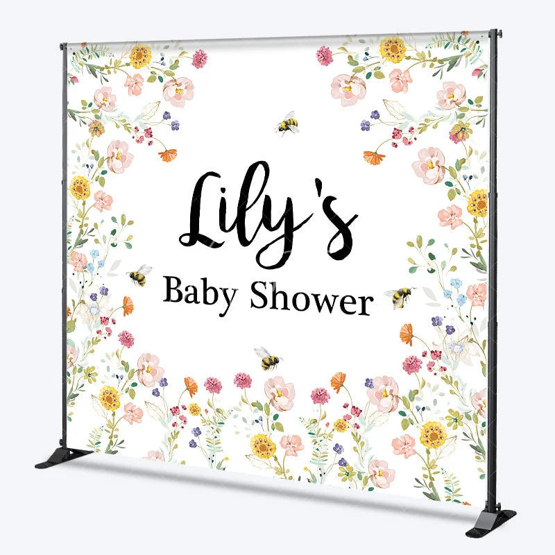 Aperturee - Aperturee Personalized Mommy to Bee Baby Shower Backdrop Wildflower and Honey Bee Custom Name Garden Party Decor