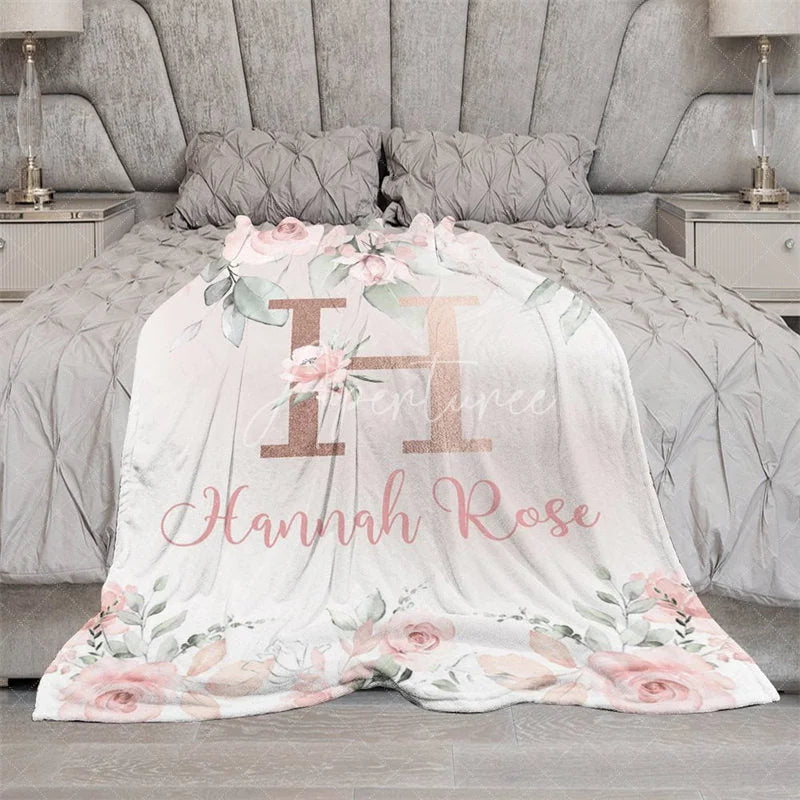 Aperturee - Aperturee Personalized Monogram Blanket for Girl Custom Initial H Pink Rose Floral Nursery Decor Swaddle