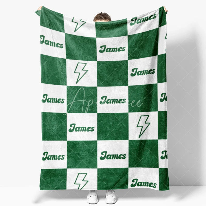 Aperturee - Aperturee Personalized Name Blanket for Boy Custom Green Checkered Lightning Bolt Retro Modern Nursery Decor