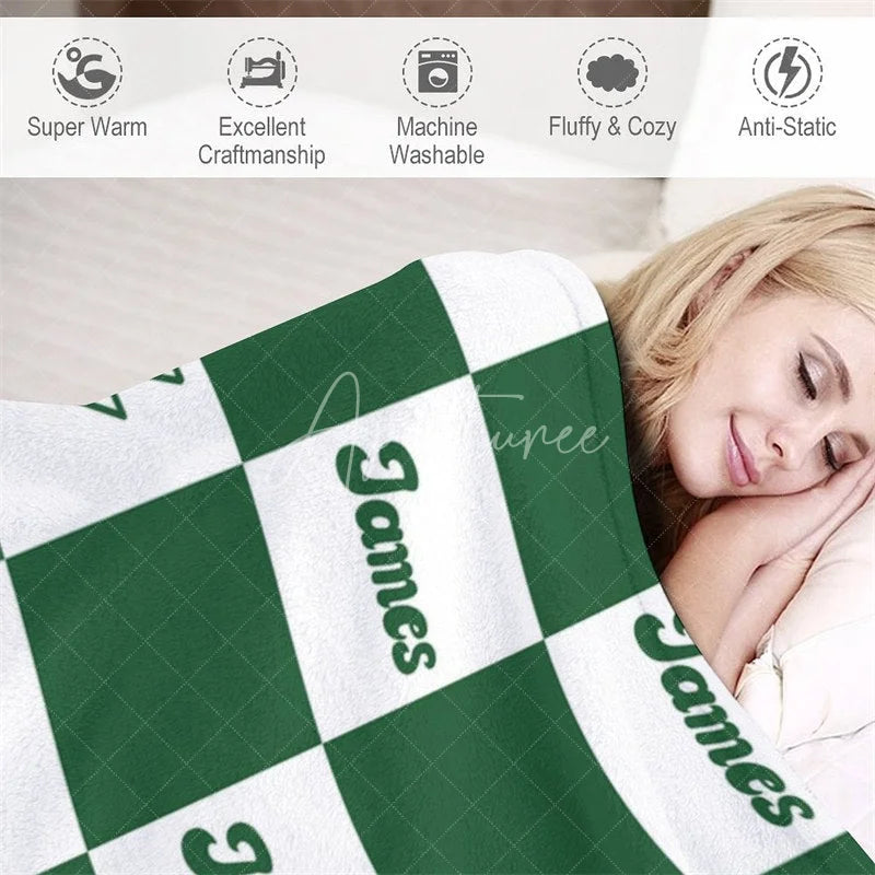 Aperturee - Aperturee Personalized Name Blanket for Boy Custom Green Checkered Lightning Bolt Retro Modern Nursery Decor