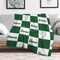 Aperturee - Aperturee Personalized Name Blanket for Boy Custom Green Checkered Lightning Bolt Retro Modern Nursery Decor