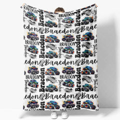 Aperturee - Aperturee Personalized Name Blanket for Boy Custom Monster Truck Baby Blanket Racing Car Nursery Decor Swaddle