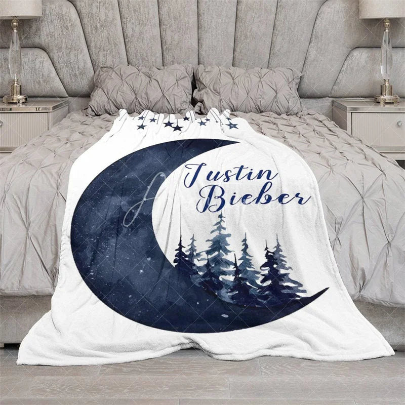 Aperturee - Aperturee Personalized Name Blanket for Boy Custom Moon and Stars Navy Blue Pine Trees Nursery Decor Swaddle