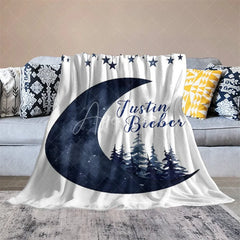 Aperturee - Aperturee Personalized Name Blanket for Boy Custom Moon and Stars Navy Blue Pine Trees Nursery Decor Swaddle