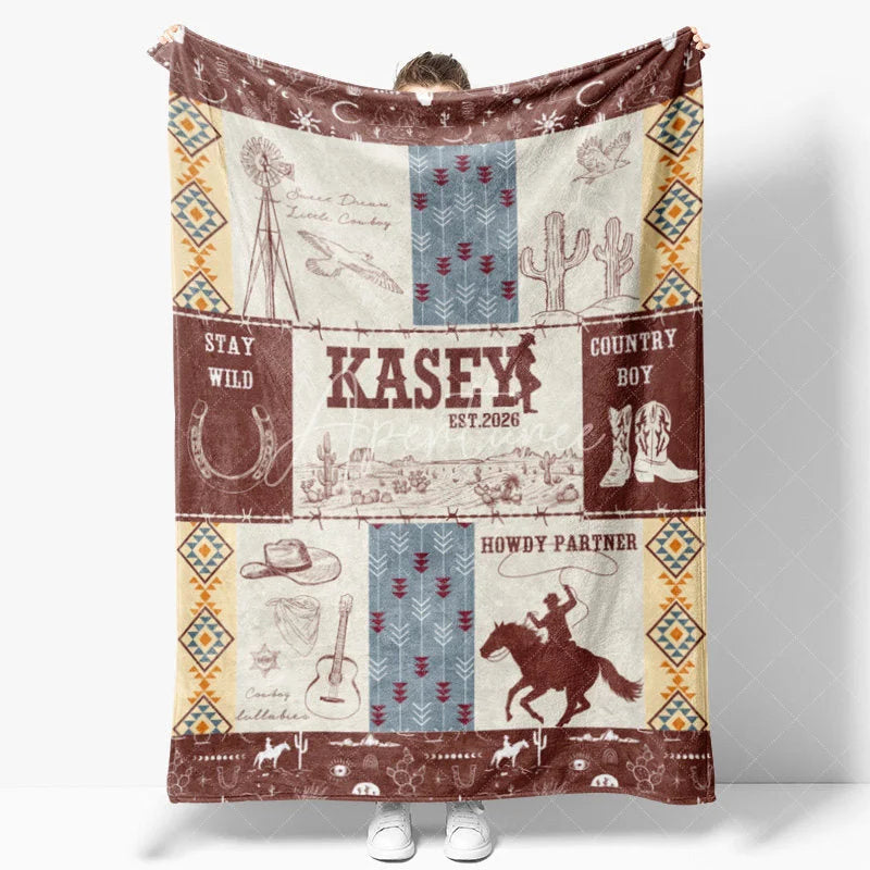 Aperturee - Aperturee Personalized Name Blanket for Boy Custom Western Cowboy Baby Blanket Rustic Cactus Nursery Decor Swaddle