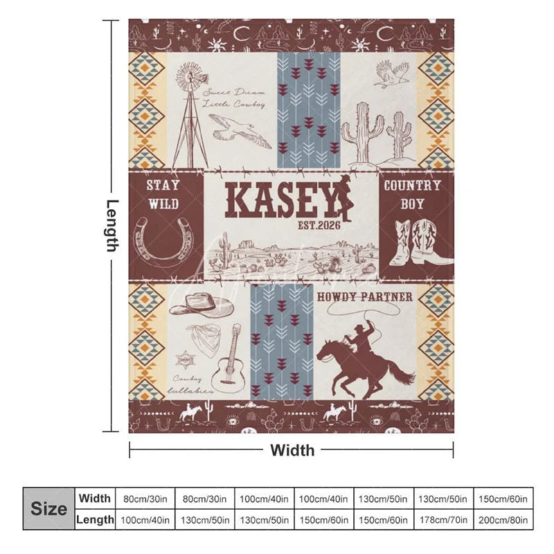Aperturee - Aperturee Personalized Name Blanket for Boy Custom Western Cowboy Baby Blanket Rustic Cactus Nursery Decor Swaddle