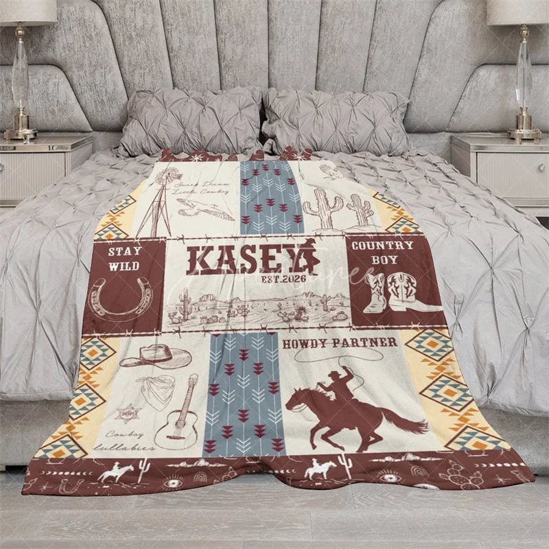 Aperturee - Aperturee Personalized Name Blanket for Boy Custom Western Cowboy Baby Blanket Rustic Cactus Nursery Decor Swaddle