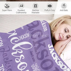 Aperturee - Aperturee Personalized Name Blanket for Boy or Girl Custom Word Cloud Typography Purple Blue Nursery Swaddle