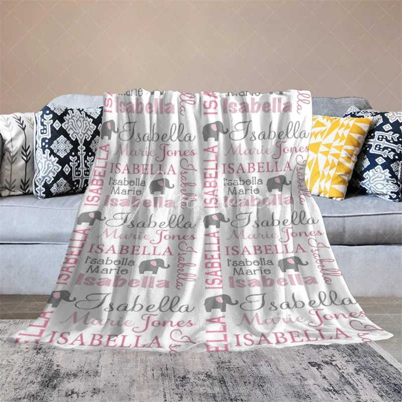 Aperturee - Aperturee Personalized Name Blanket for Girl Custom Baby Blanket with Elephant Pink and Grey Nursery Decor Swaddle