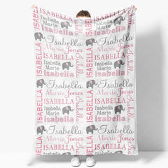 Aperturee - Aperturee Personalized Name Blanket for Girl Custom Baby Blanket with Elephant Pink and Grey Nursery Decor Swaddle
