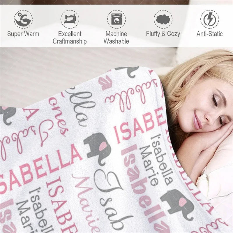 Aperturee - Aperturee Personalized Name Blanket for Girl Custom Baby Blanket with Elephant Pink and Grey Nursery Decor Swaddle