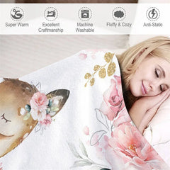 Aperturee - Aperturee Personalized Name Blanket for Girl Custom Baby Blanket with Fawn Pink Rose Floral Woodland Nursery Decor