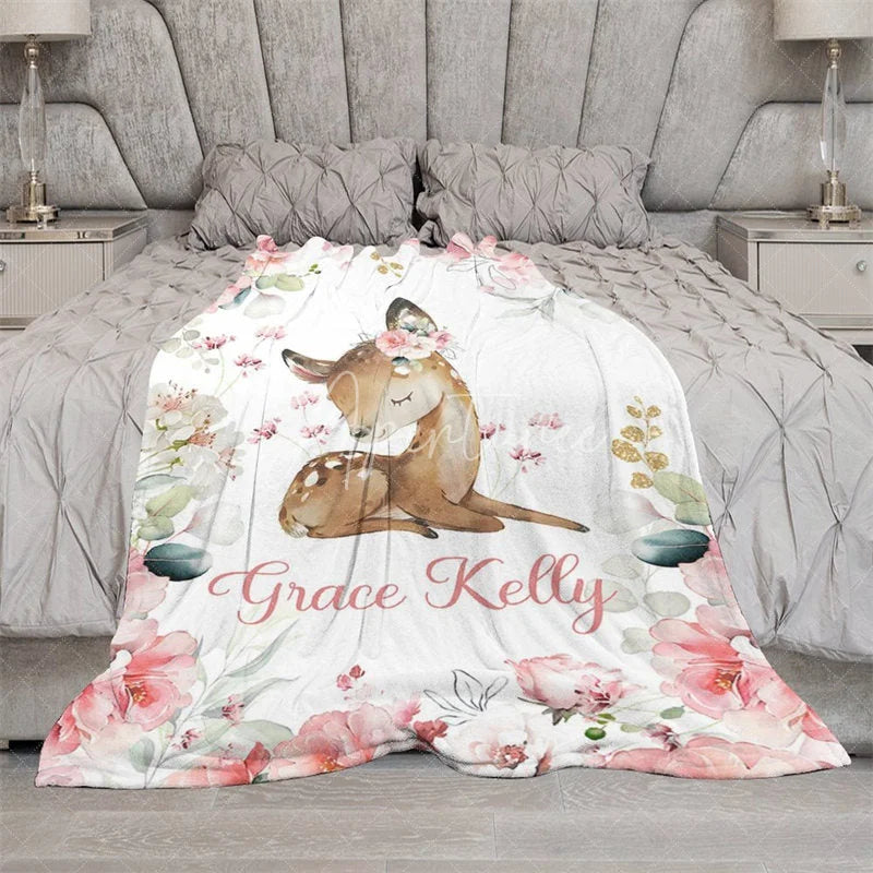 Aperturee - Aperturee Personalized Name Blanket for Girl Custom Baby Blanket with Fawn Pink Rose Floral Woodland Nursery Decor