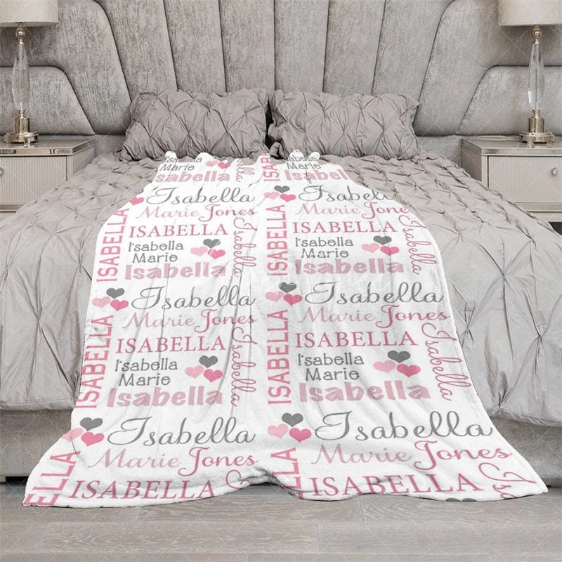 Aperturee - Aperturee Personalized Name Blanket for Girl Custom Baby Blanket with Hearts Pink and Grey Nursery Decor Swaddle