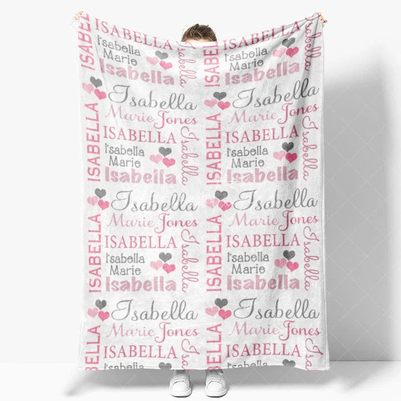 Aperturee - Aperturee Personalized Name Blanket for Girl Custom Baby Blanket with Hearts Pink and Grey Nursery Decor Swaddle