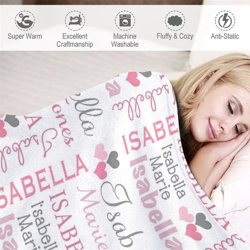 Aperturee - Aperturee Personalized Name Blanket for Girl Custom Baby Blanket with Hearts Pink and Grey Nursery Decor Swaddle
