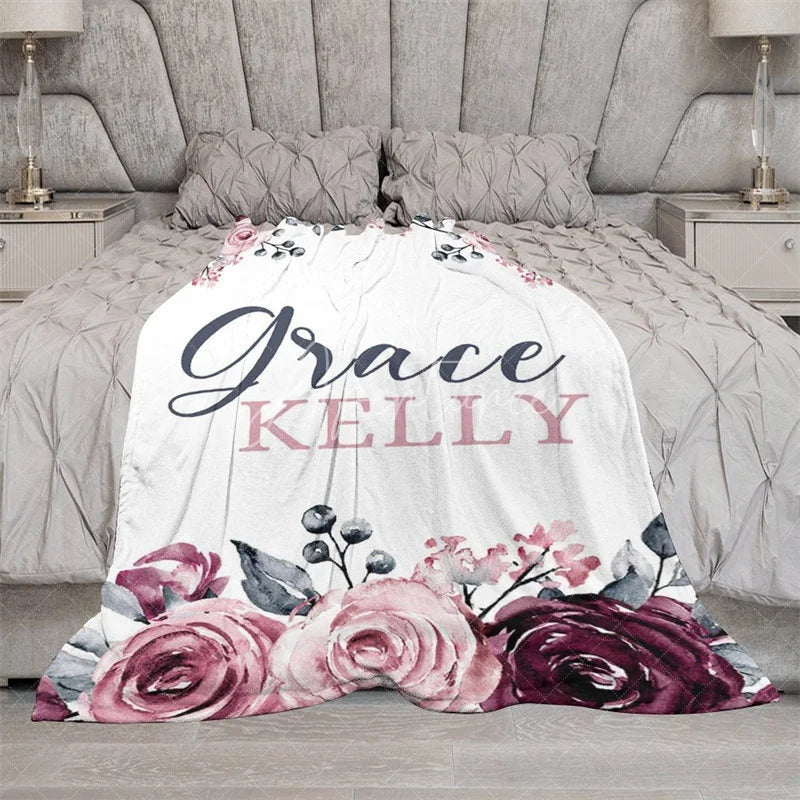 Aperturee - Aperturee Personalized Name Blanket for Girl Custom Baby Blanket with Maroon Rose Pink Floral Nursery Decor Swaddle