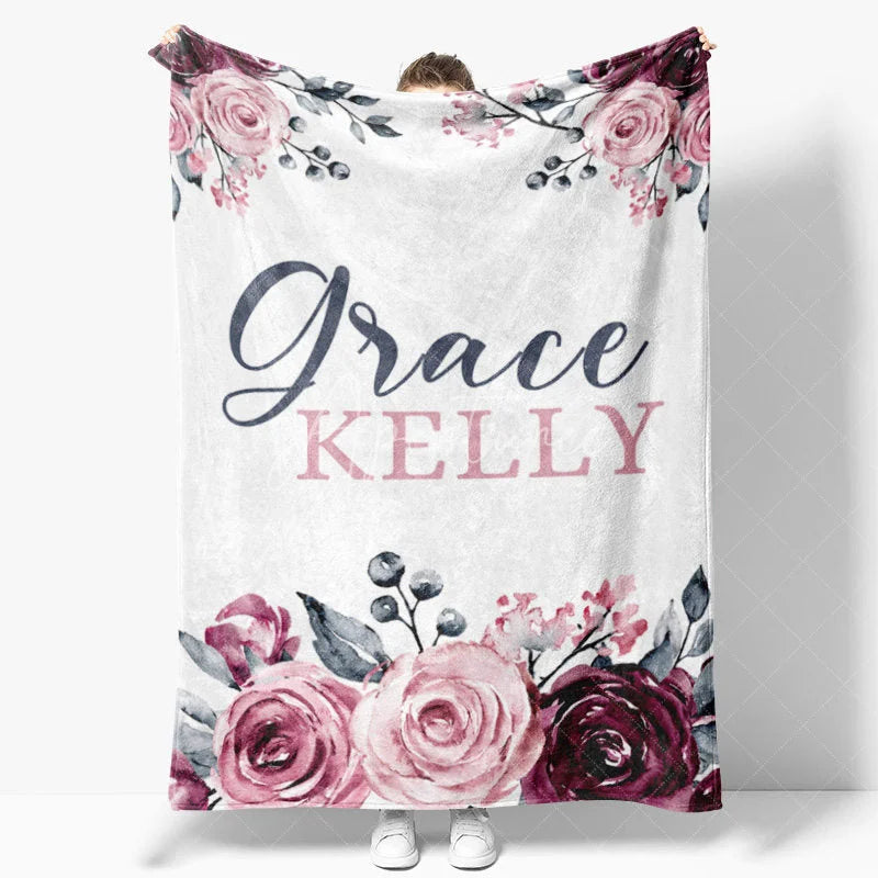 Aperturee - Aperturee Personalized Name Blanket for Girl Custom Baby Blanket with Maroon Rose Pink Floral Nursery Decor Swaddle