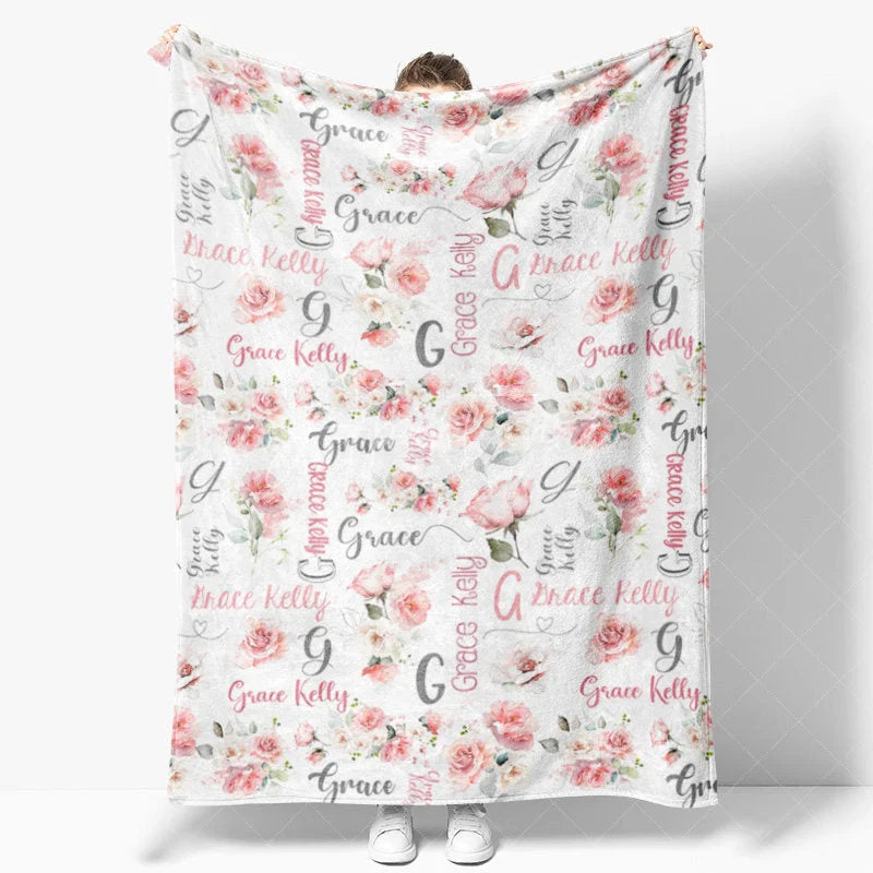 Aperturee - Aperturee Personalized Name Blanket for Girl Custom Baby Blanket with Pink Rose Watercolor Floral Nursery Decor Swaddle