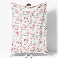 Aperturee - Aperturee Personalized Name Blanket for Girl Custom Baby Blanket with Pink Rose Watercolor Floral Nursery Decor Swaddle