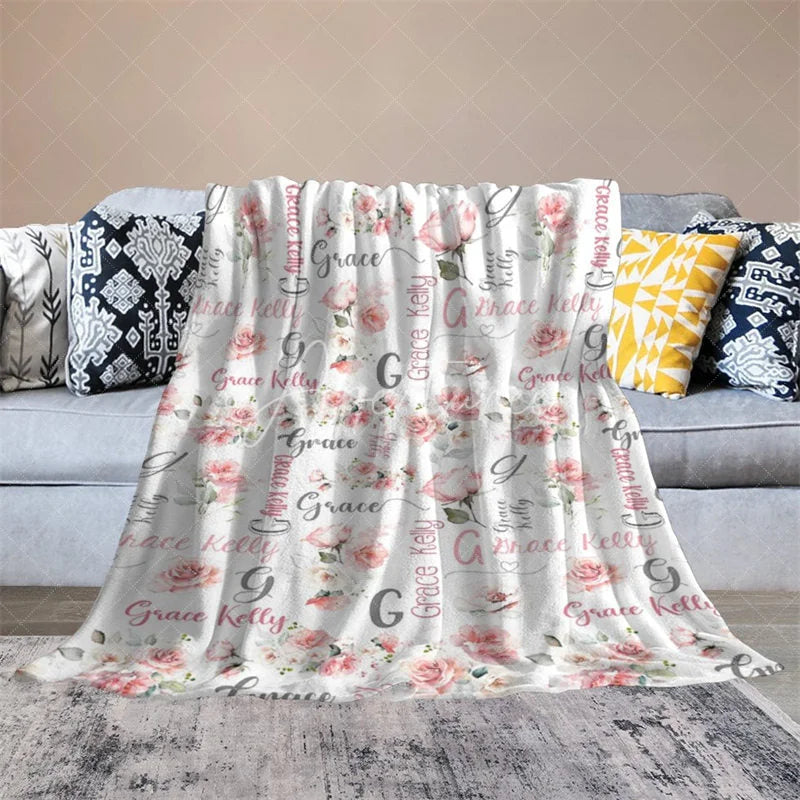 Aperturee - Aperturee Personalized Name Blanket for Girl Custom Baby Blanket with Pink Rose Watercolor Floral Nursery Decor Swaddle
