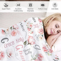 Aperturee - Aperturee Personalized Name Blanket for Girl Custom Baby Blanket with Pink Rose Watercolor Floral Nursery Decor Swaddle