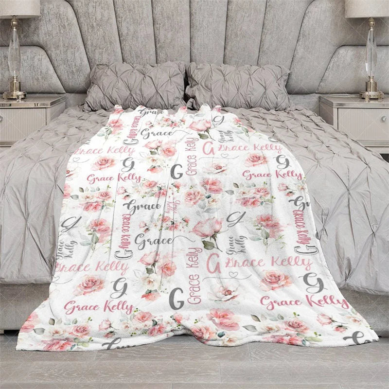 Aperturee - Aperturee Personalized Name Blanket for Girl Custom Baby Blanket with Pink Rose Watercolor Floral Nursery Decor Swaddle