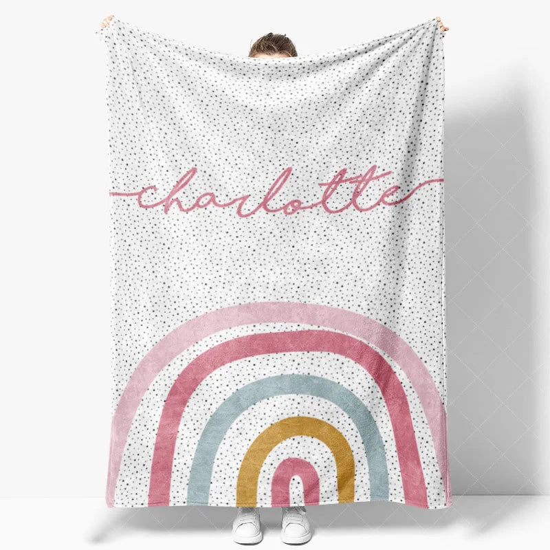Aperturee - Aperturee Personalized Name Blanket for Girl Custom Boho Rainbow Polka Dot Pastel Nursery Swaddle Decor