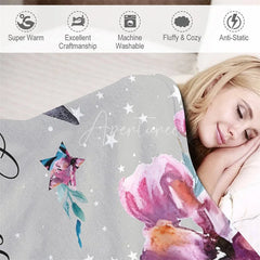Aperturee - Aperturee Personalized Name Blanket for Girl Custom Moon and Stars Grey and Pink Floral Nursery Decor Swaddle