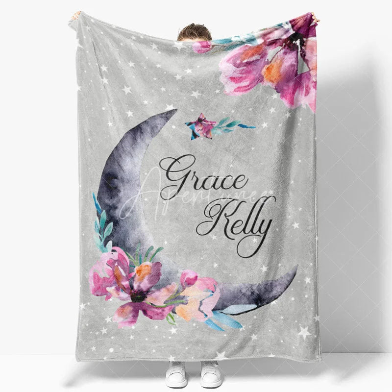 Aperturee - Aperturee Personalized Name Blanket for Girl Custom Moon and Stars Grey and Pink Floral Nursery Decor Swaddle