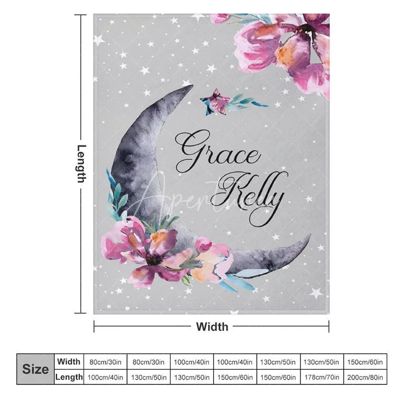 Aperturee - Aperturee Personalized Name Blanket for Girl Custom Moon and Stars Grey and Pink Floral Nursery Decor Swaddle