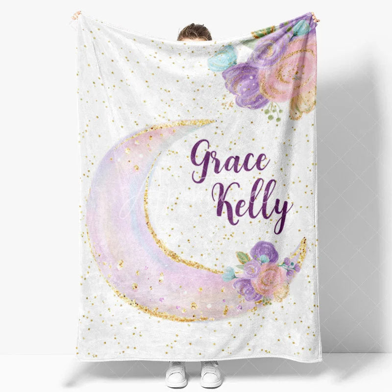 Aperturee - Aperturee Personalized Name Blanket for Girl Custom Moon and Stars Pastel Floral Nursery Decor Swaddle