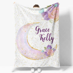Aperturee - Aperturee Personalized Name Blanket for Girl Custom Moon and Stars Pastel Floral Nursery Decor Swaddle