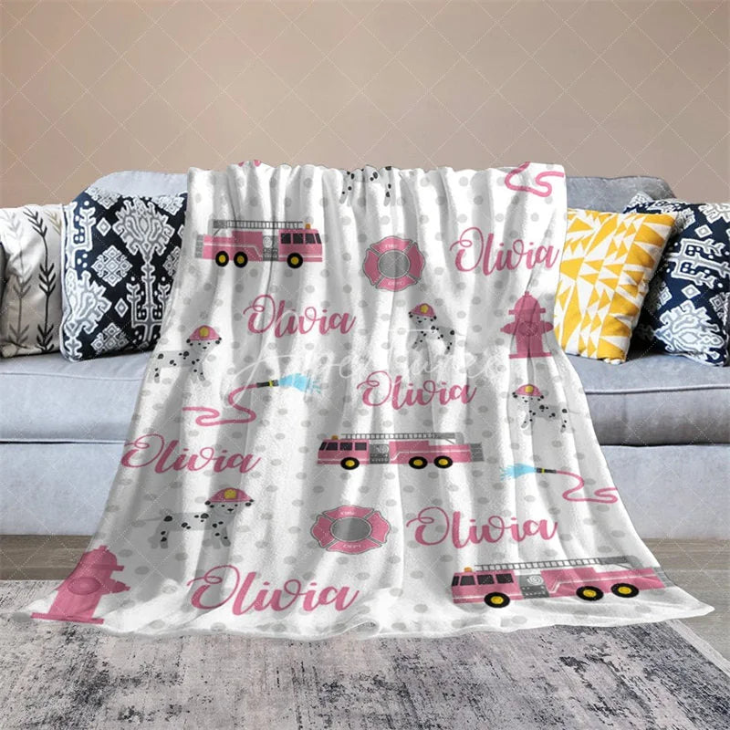 Aperturee - Aperturee Personalized Name Blanket for Girl Custom Pink Fire Truck Dalmatian Dog Firefighter Baby Swaddle