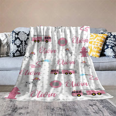 Aperturee - Aperturee Personalized Name Blanket for Girl Custom Pink Fire Truck Dalmatian Dog Firefighter Baby Swaddle