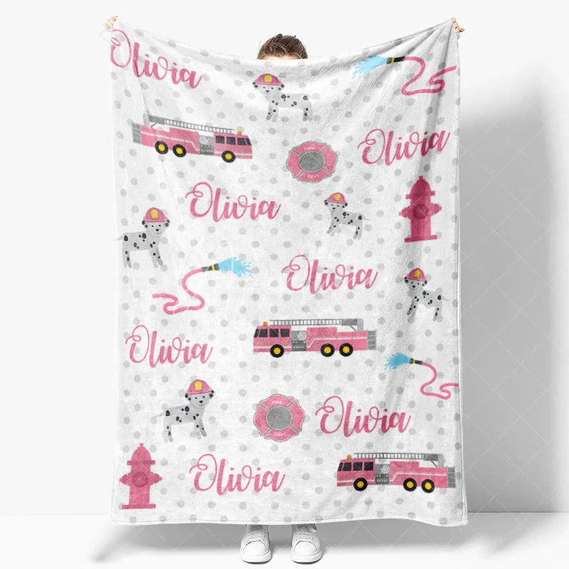 Aperturee - Aperturee Personalized Name Blanket for Girl Custom Pink Fire Truck Dalmatian Dog Firefighter Baby Swaddle