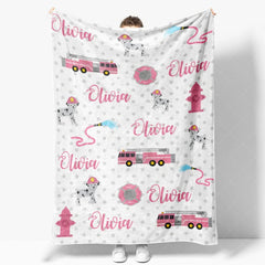 Aperturee - Aperturee Personalized Name Blanket for Girl Custom Pink Fire Truck Dalmatian Dog Firefighter Baby Swaddle