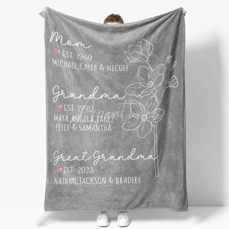 Aperturee - Aperturee Personalized Name Blanket for Mom Grandma Custom Kids Names Est Date Floral Throw Mother’s Day Family Gift