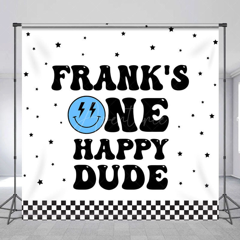 Aperturee - Aperturee Personalized One Happy Dude First Birthday Backdrop Groovy Retro Smiley Face Custom Name Party for Boy