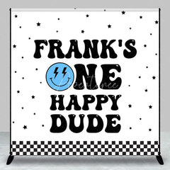 Aperturee - Aperturee Personalized One Happy Dude First Birthday Backdrop Groovy Retro Smiley Face Custom Name Party for Boy