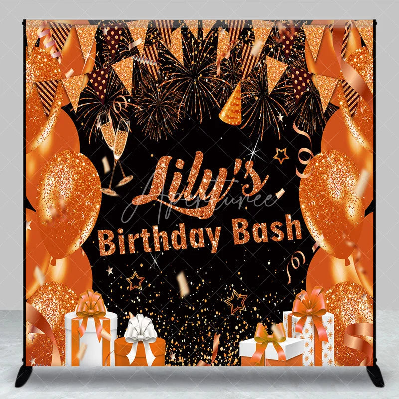 Aperturee - Aperturee Personalized Orange and Gold Birthday Bash Backdrop Glitter Balloons and Fireworks Custom Name Party Decor