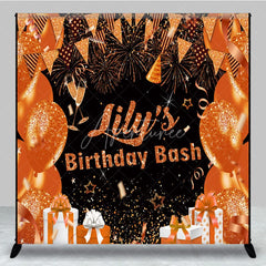 Aperturee - Aperturee Personalized Orange and Gold Birthday Bash Backdrop Glitter Balloons and Fireworks Custom Name Party Decor