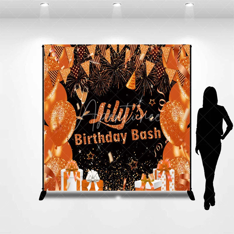 Aperturee - Aperturee Personalized Orange and Gold Birthday Bash Backdrop Glitter Balloons and Fireworks Custom Name Party Decor