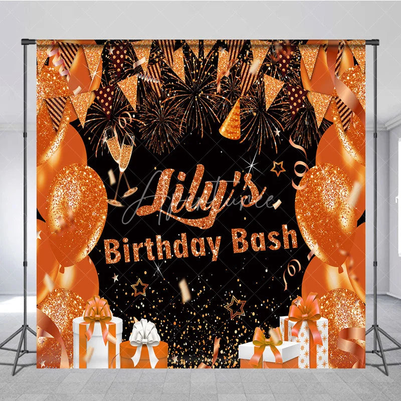 Aperturee - Aperturee Personalized Orange and Gold Birthday Bash Backdrop Glitter Balloons and Fireworks Custom Name Party Decor